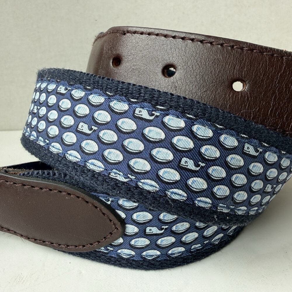 Vineyard Vines Canvas Club Belt Mens Size 36 Whale Clams Silk Leather Navy Blue
